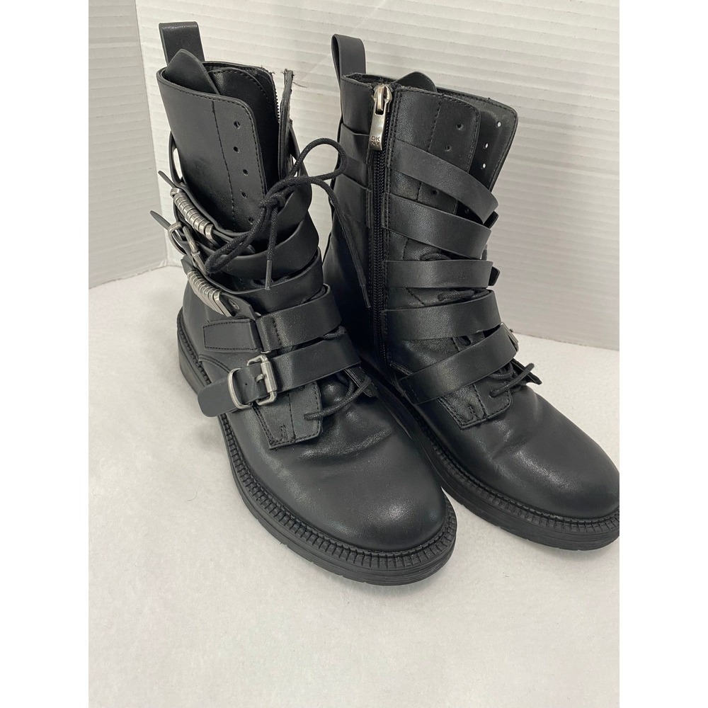DKNY Combat Boots Women 6M Black Multi-Strap Buckle Moto Side Zip Lace Up Buckle - Picture 2 of 14